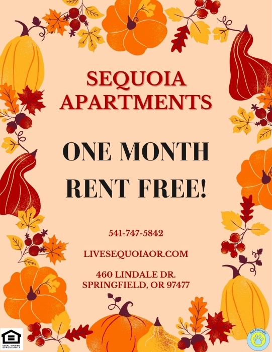 A poster advertising Sequoia Apartments with a one month rent free offer.